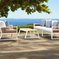 Morlaix 4 Piece Hampton Style Designer Outdoor Lounge Set: White Aluminium, Acacia Wood, Table & Cushions
