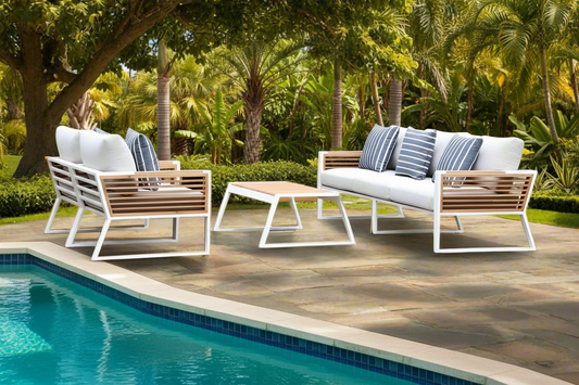 Morlaix 4 Piece Hampton Style Designer Outdoor Lounge Set: White Aluminium, Acacia Wood, Table & Cushions
