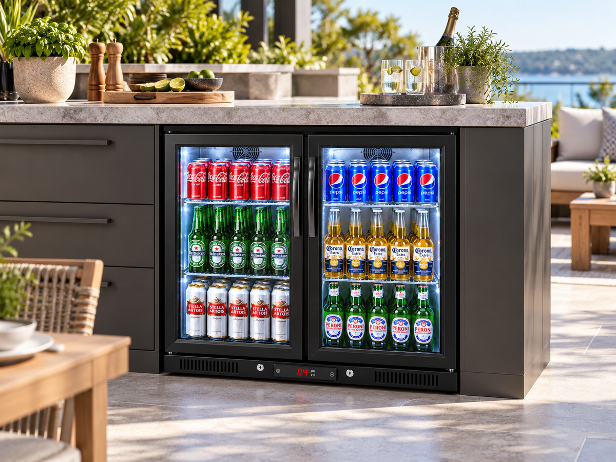 Bar Fridge King 208L Double Door Bar Fridge – Black Stainless Steel, Triple-Glazed Glass & Digital Temperature Control