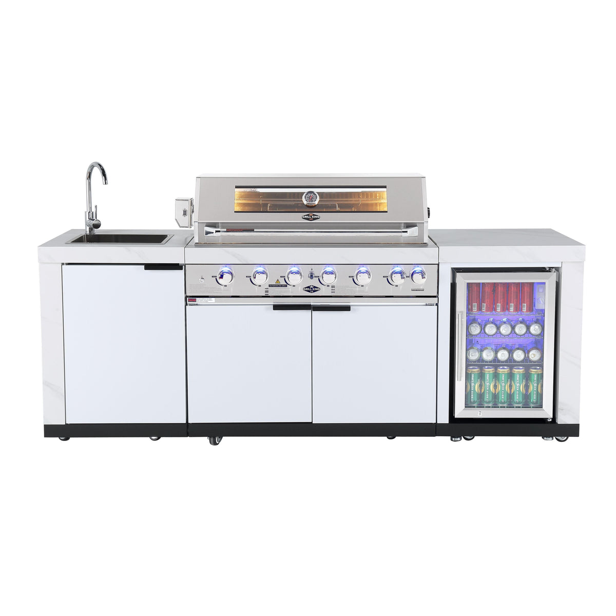 Rockpool 6B Non Wok: Designer Outdoor BBQ Kitchen Package Inc Fridge & Sink, Rotisserie, BBQ Cover, White Doors Hamptom Design 2.4M | 1DR Fridge + 1DR Sink