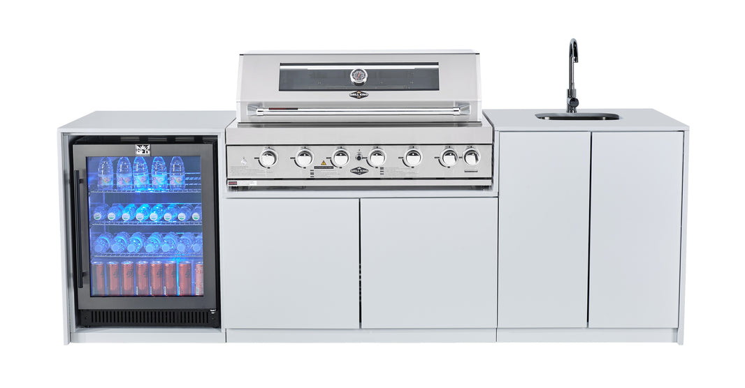 Grill King Signature Series Outdoor BBQ Kitchen Package | White Stone, Aluminium Cabinet Finish Inc Grill King 6B Built-In BBQ + Rotisserie