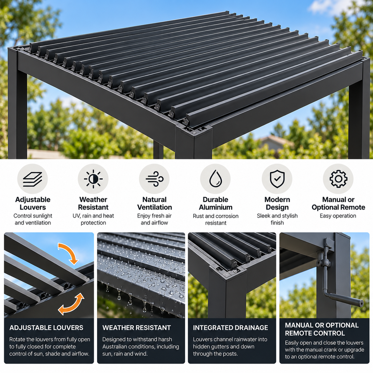 GazeboMate Louvered Gazebo + Aluminium Privacy Side Wall – Monument Charcoal