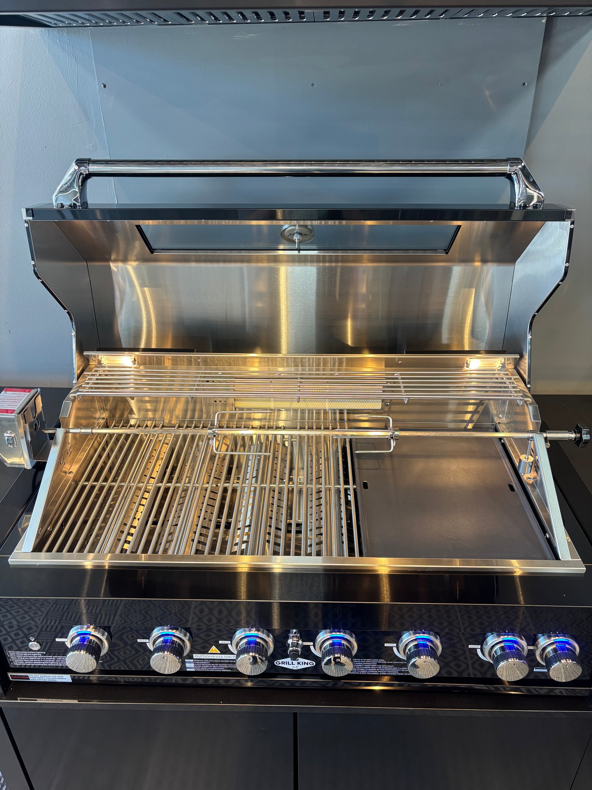 Grill King Signature Series 6 Burner Outdoor BBQ Kitchen Package – Black Stone Benchtop, Black Aluminium Cabinets, Built-In BBQ + Rotisserie