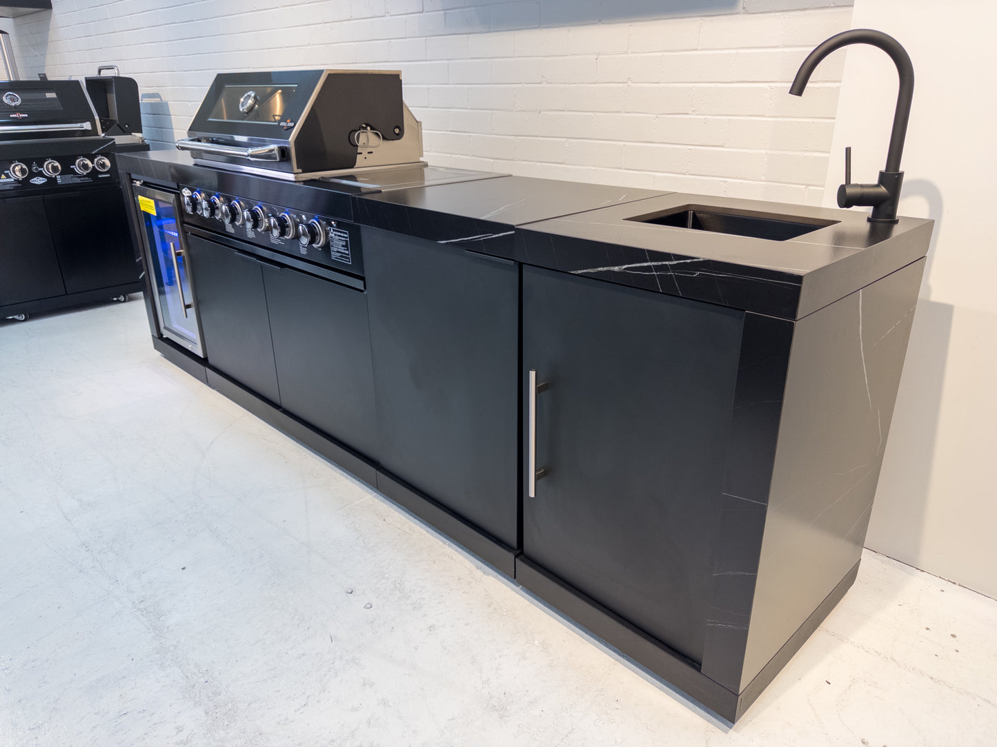 Floor Stock Rockpool Black 4B + Wok: Designer Black Outdoor BBQ Kitchen Package inc Fridge & Sink