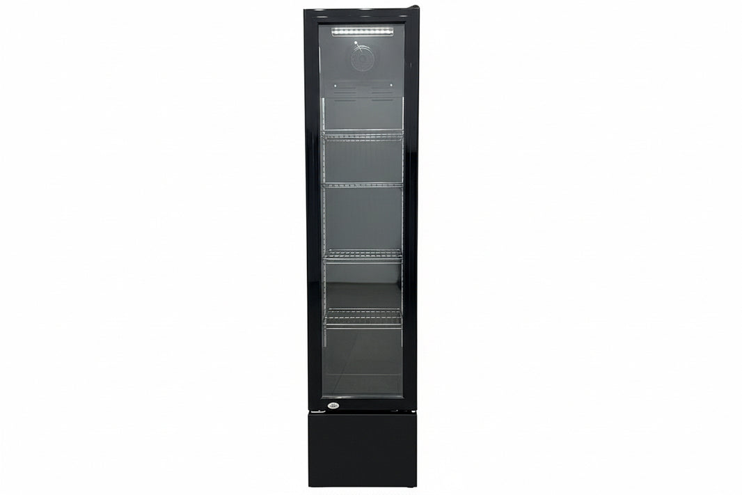 Floorstock Tropical Rated Triple Glazed 115L Commercial Skinny Upright Bar Fridge - Single Door, Black Stainless Steel, LED Lighting for Wine & Beverages