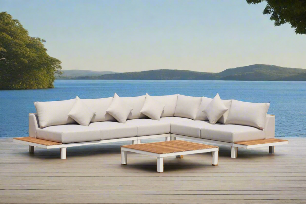 ARI Ralph White Hampton Corner Set - Outdoor Aluminium & Acacia Modular Corner Lounge White Aluminium Whether Resistant White Fabric White