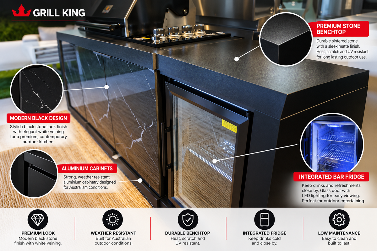 Grill King Rockpool Summit 4 Burner Outdoor BBQ Kitchen – Black Stone, Fridge & Sink