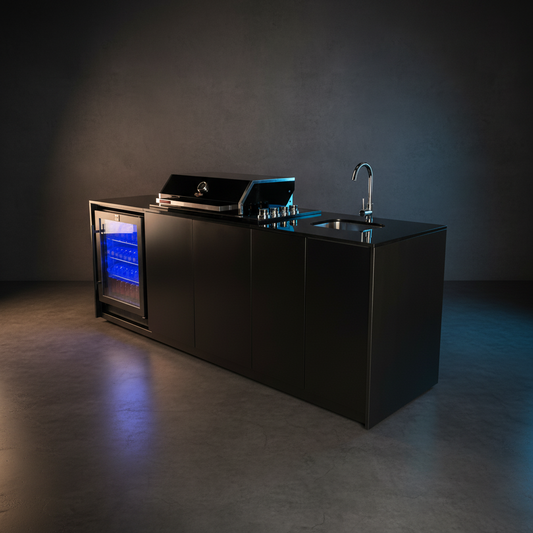 Grill King Signature Series Outdoor BBQ Kitchen โ 4 Burner Drop-In | Rockpool Black Stone Benchtop & Black Aluminium Cabinets