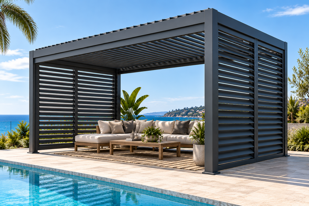 GazeboMate 3m Aluminium Louvered Pergola + Sliding Shutter Wall Combo – Monument