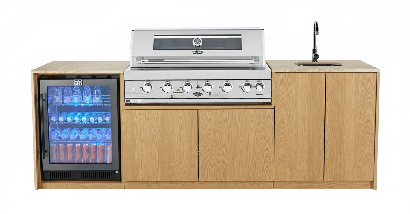 Grill King Signature Series Outdoor BBQ Kitchen Package | White Stone, Aluminium Cabinet Finish Inc Grill King 6B Built-In BBQ + Rotisserie