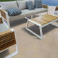 Morlaix 4 Piece Hampton Style Designer Outdoor Lounge Set: White Aluminium, Acacia Wood, Table & Cushions