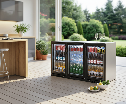 Tropical Rated Triple Glazed 318L 3-Door Commercial Wine Bar Fridge Chiller Can Cooler Mini Freezer in Black