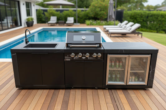 Floor Stock Rockpool Black 4B BBQ Kitchen Inc  Inc Sintered Stone Benchtops, Aluminium Cabinets, Fridge & Sink