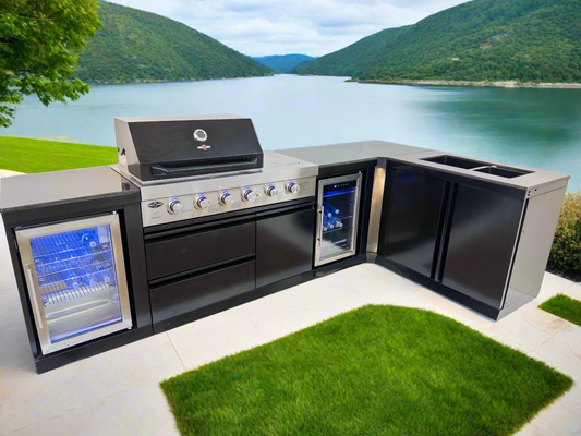 L Shape Black 304SS 4 Burner + Wok BBQ Kitchen Inc Wok & Rear Infrared Burner, Fridge & Sink