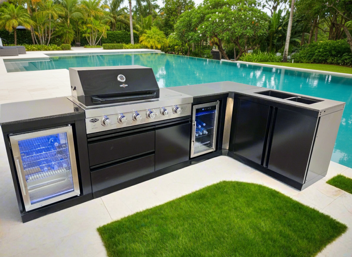 L Shape Black 304SS 4 Burner + Wok BBQ Kitchen Inc Wok & Rear Infrared Burner, Fridge & Sink