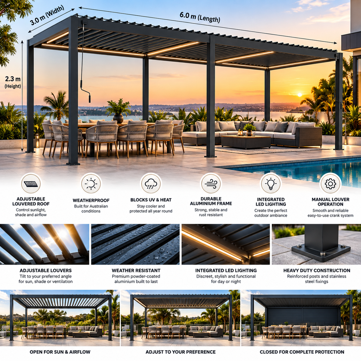 GazeboMate 3m × 6m Monument Aluminium Louvered Gazebo – Adjustable Roof Pergola