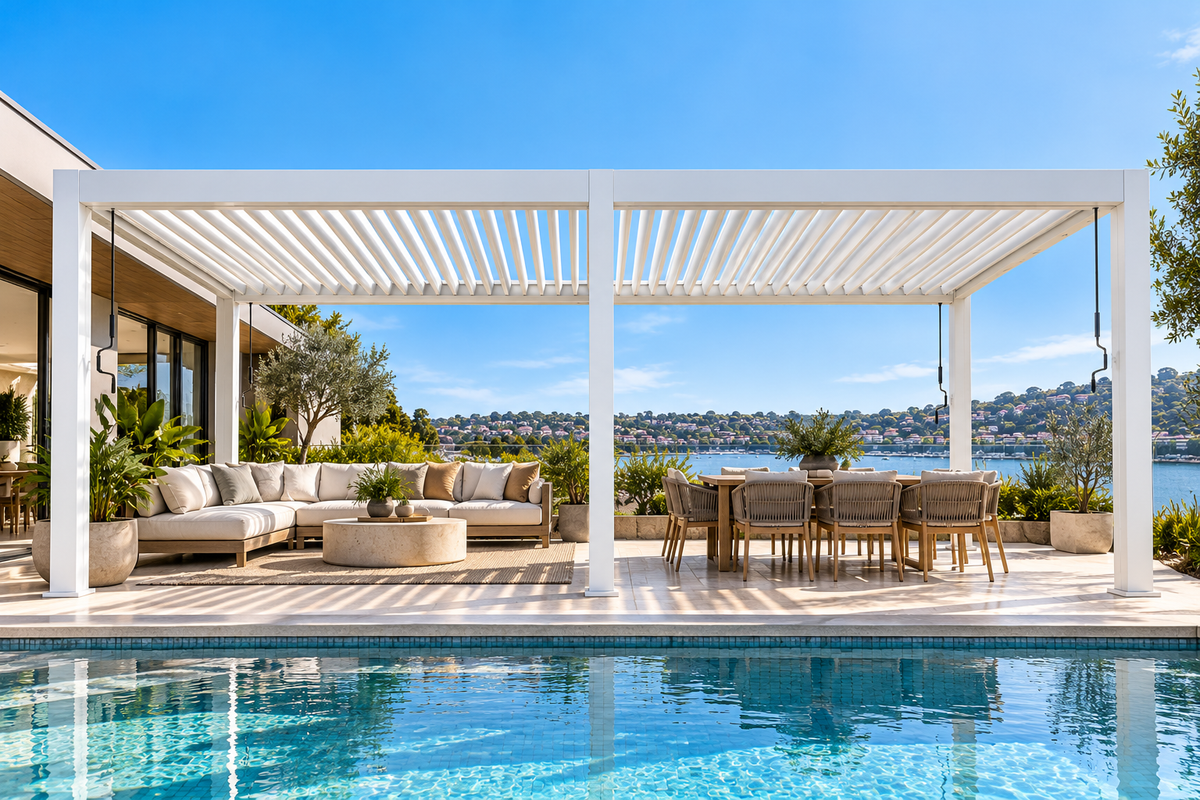 GazeboMate 3.6m × 7.2m White Aluminium Louvered Gazebo – Adjustable Roof Pergola