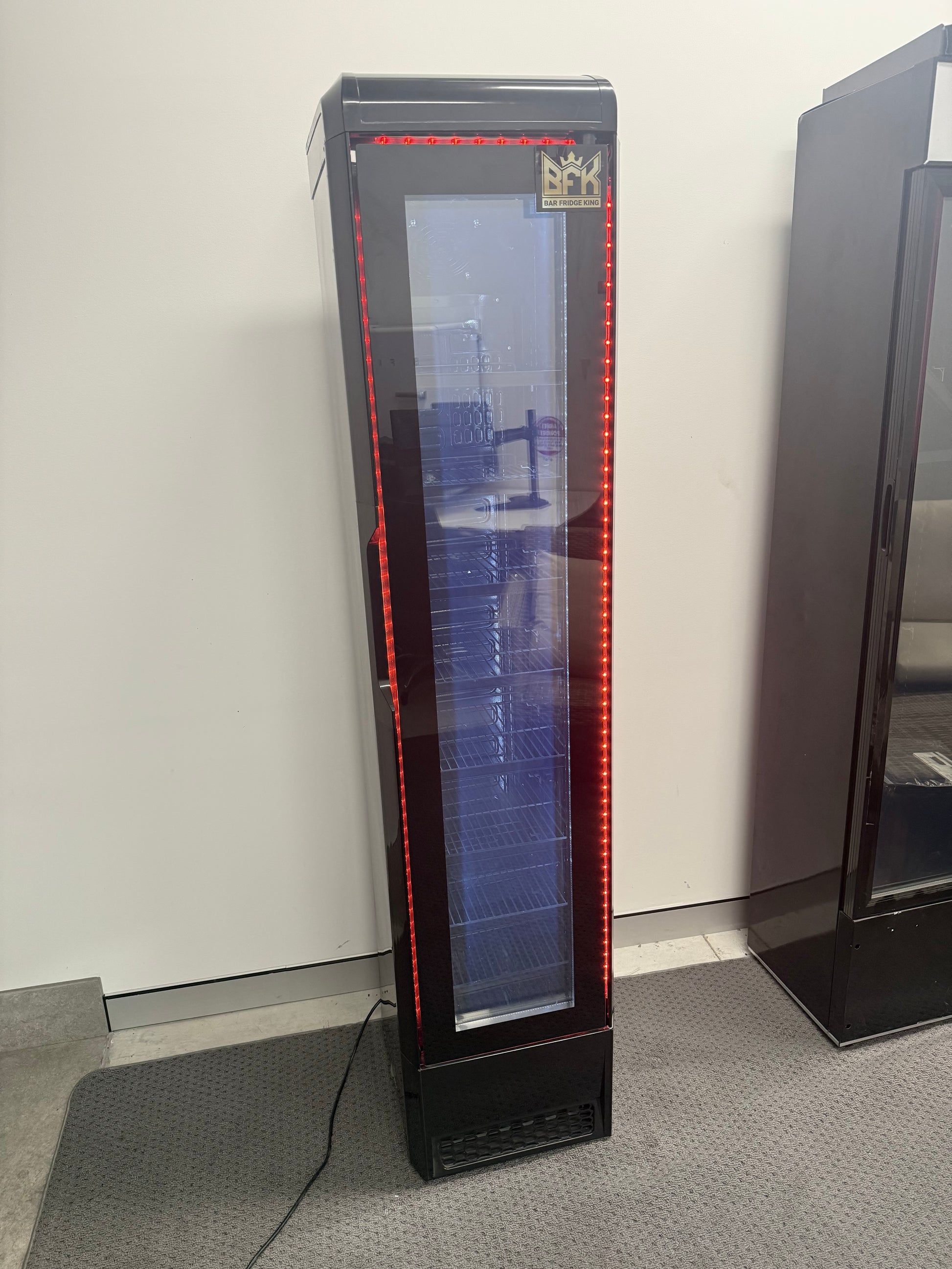 Floorstock Tropical Rated Triple Glazed 135L Commercial Skinny Upright Bar Fridge - Single Door, Black Stainless Steel, Red LED Lighting for Wine & Beverages