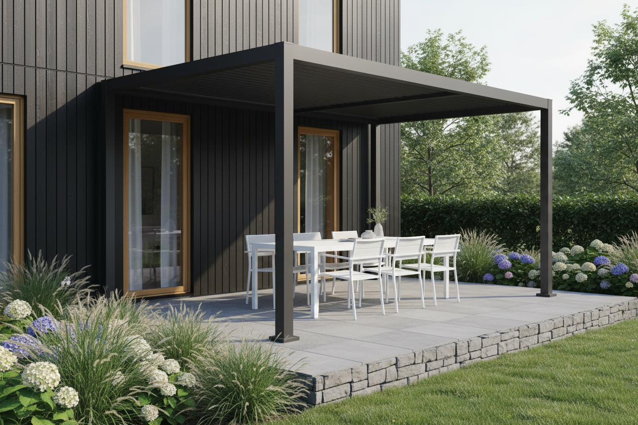 Wall Mounted 4x4M Semi Permanent Louvered Gazebo Aluminium Pergola White Heavy Duty Wind Resistant