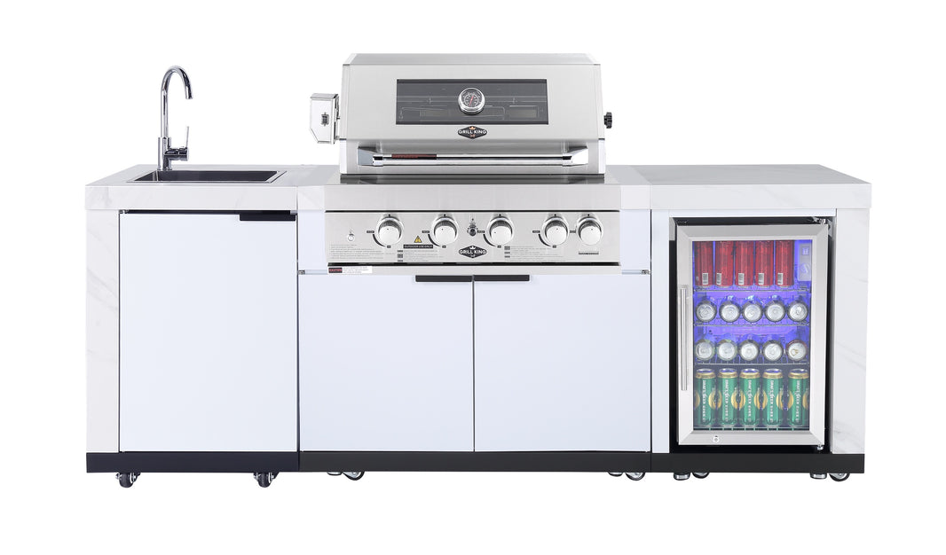 4B Built In BBQ Package in Rockpool White Inc Fridge, Sink, Height Adjustable Legs, Castors, Rear Infrared Burner