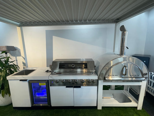 Floor Stock Rockpool White 6B BBQ Kitchen with Sink & Fridge Combo