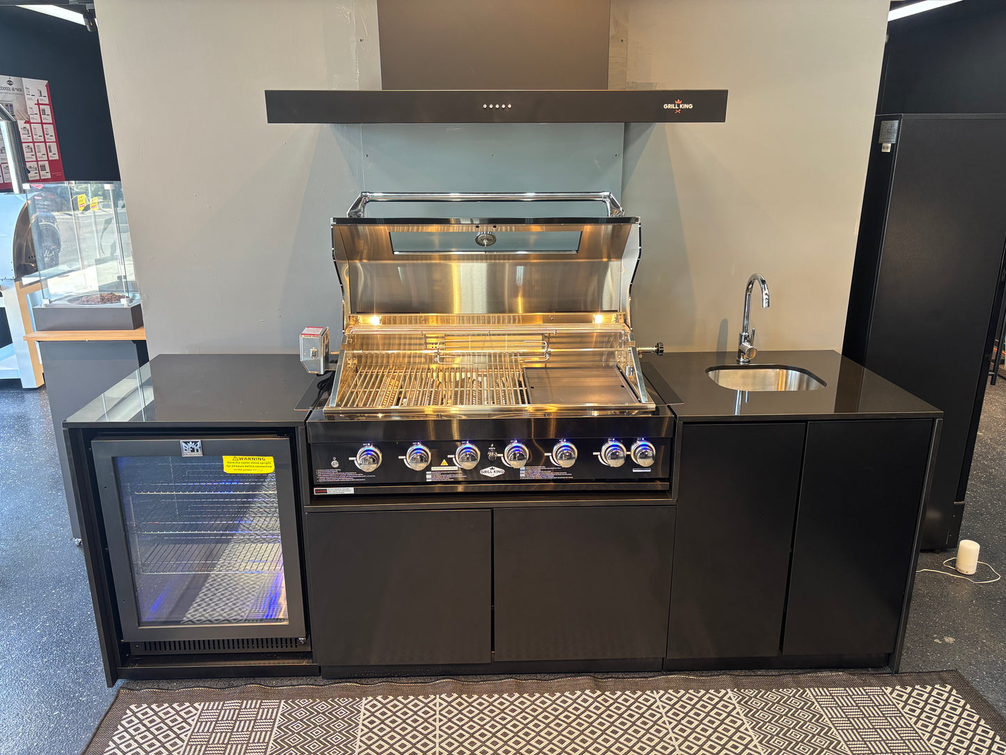 Grill King Signature Series 6 Burner Outdoor BBQ Kitchen Package – Black Stone Benchtop, Black Aluminium Cabinets, Built-In BBQ + Rotisserie