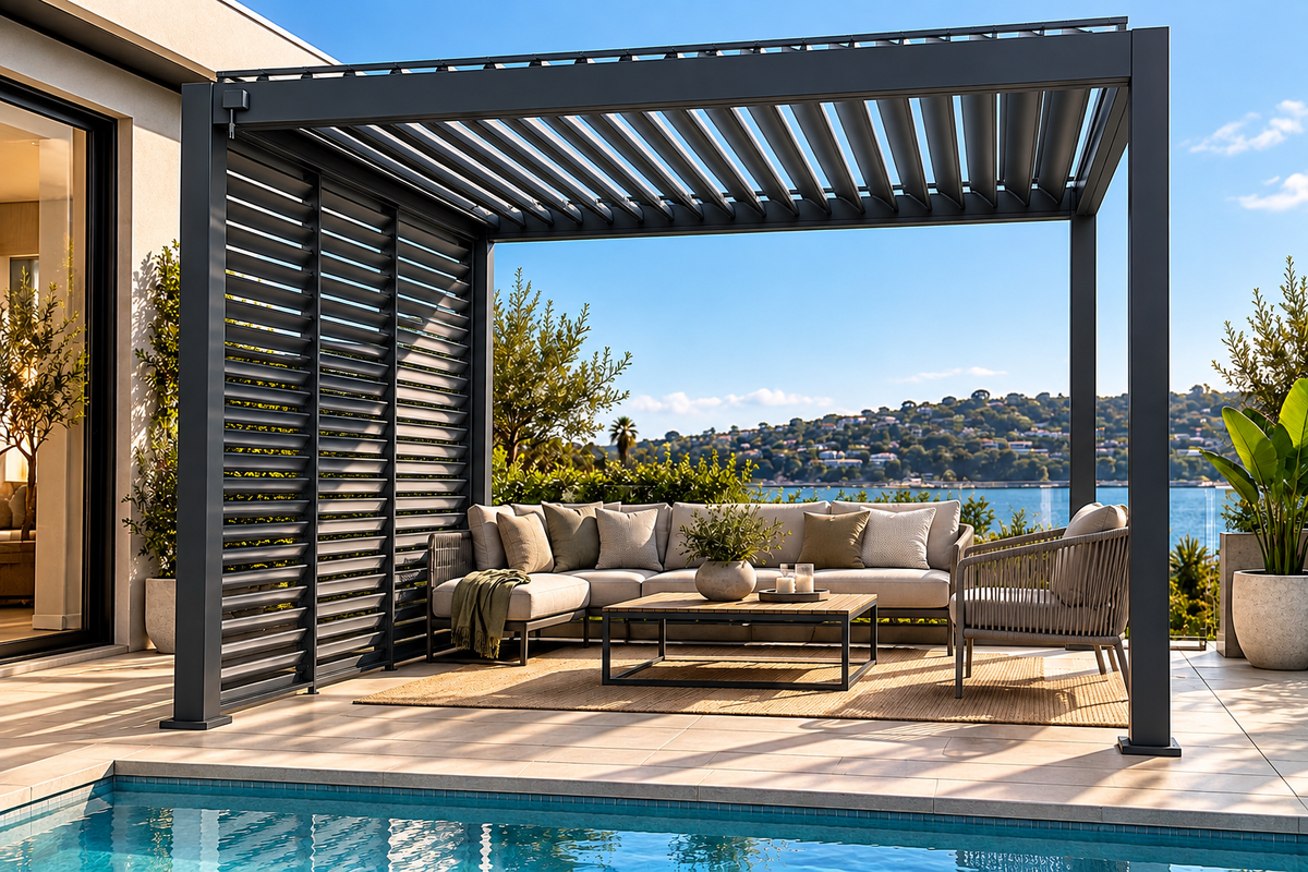 GazeboMate Louvered Gazebo + Aluminium Privacy Side Wall – Monument Charcoal