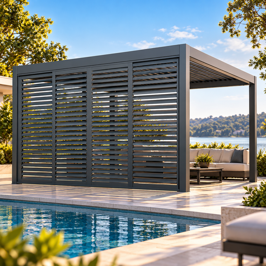 GazeboMate 3m Aluminium Louvered Pergola + Sliding Shutter Wall Combo – Monument