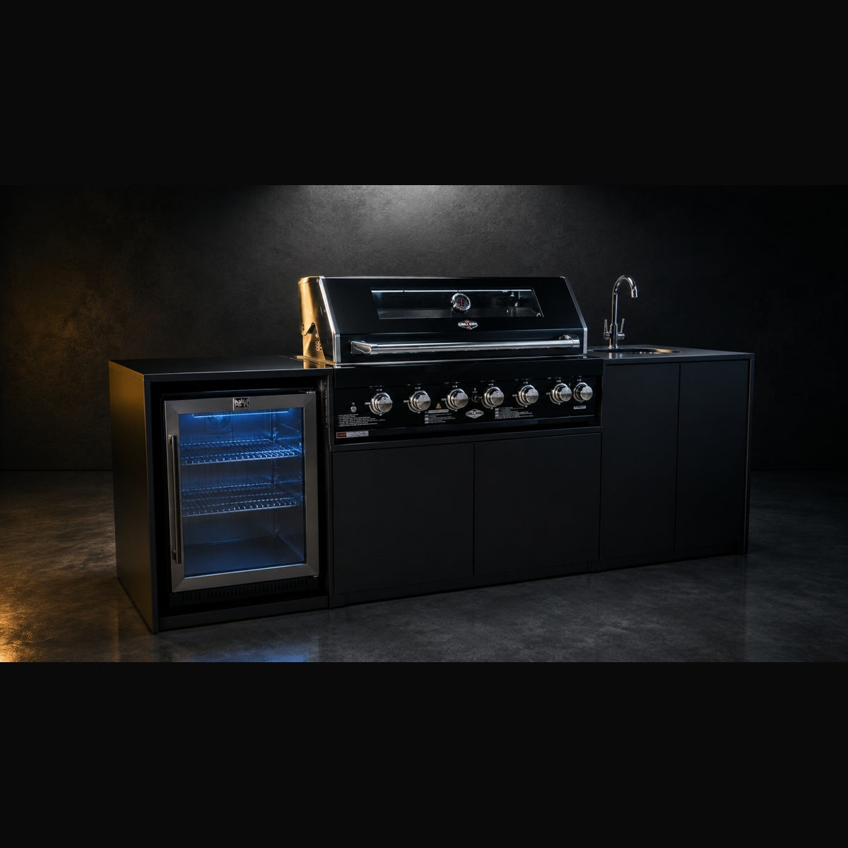 Grill King Signature Series 6 Burner Outdoor BBQ Kitchen Package – Black Stone Benchtop, Black Aluminium Cabinets, Built-In BBQ + Rotisserie