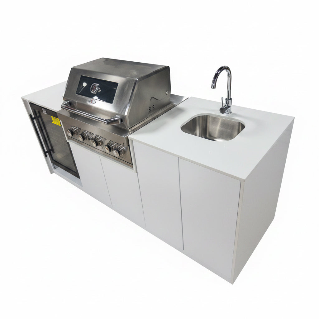 Grill King Signature Series Outdoor BBQ Kitchen Package – Rockpool White Stone Bench-Top, White Aluminium Cabinets | 4-Burner Built-In BBQ + Rotisserie + 150L Outdoor Fridge
