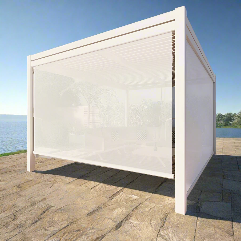 GazeboMate Combo: 3M x 4M White Aluminium Louvered Gazebo + White Retractable Privacy Screen