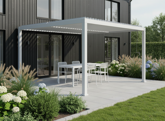 Wall Mounted 4x4M Semi Permanent Louvered Gazebo Aluminium Pergola White Heavy Duty Wind Resistant