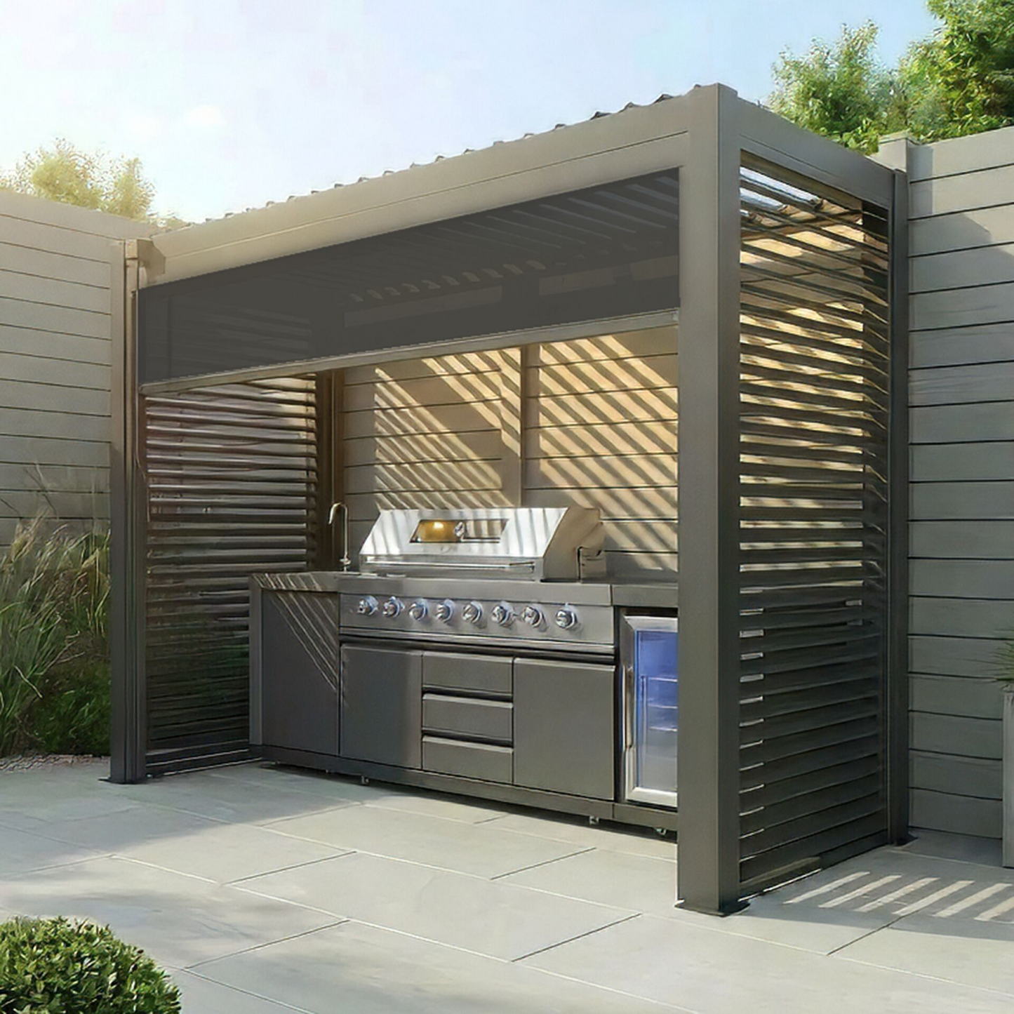 Grill King Outdoor BBQ Shelter Package – 6 Burner Charcoal BBQ Kitchen, Fridge & Sink + Freestanding Aluminium Louver Roof with LED Lighting & Privacy Blind