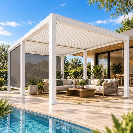 GazeboMate 3.6m × 7.2m Aluminium Louvered Gazebo + Retractable Privacy Screen – White