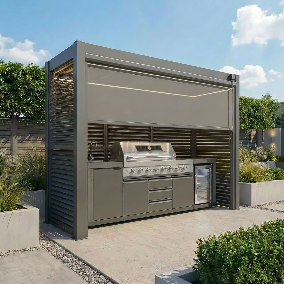 Grill King Outdoor BBQ Shelter Package – 6 Burner Charcoal BBQ Kitchen, Fridge & Sink + Freestanding Aluminium Louver Roof with LED Lighting & Privacy Blind