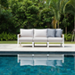 Morlaix 4 Piece Hampton Style Designer Outdoor Lounge Set: White Aluminium, Acacia Wood, Table & Cushions