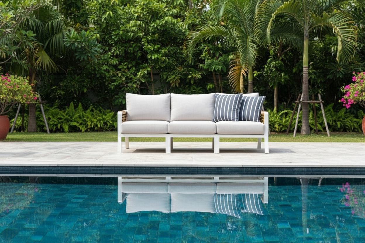 Morlaix 4 Piece Hampton Style Designer Outdoor Lounge Set: White Aluminium, Acacia Wood, Table & Cushions