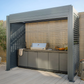 Grill King Outdoor BBQ Shelter Package – 6 Burner Charcoal BBQ Kitchen, Fridge & Sink + Freestanding Aluminium Louver Roof with LED Lighting & Privacy Blind