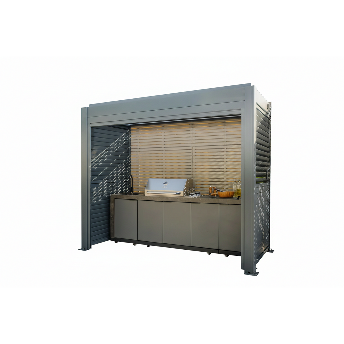 Grill King Outdoor BBQ Shelter Package – 3.1M BBQ 6 Burner Drop In BBQ Kitchen + Freestanding Aluminium Louver Roof with LED Lighting & Privacy Blind