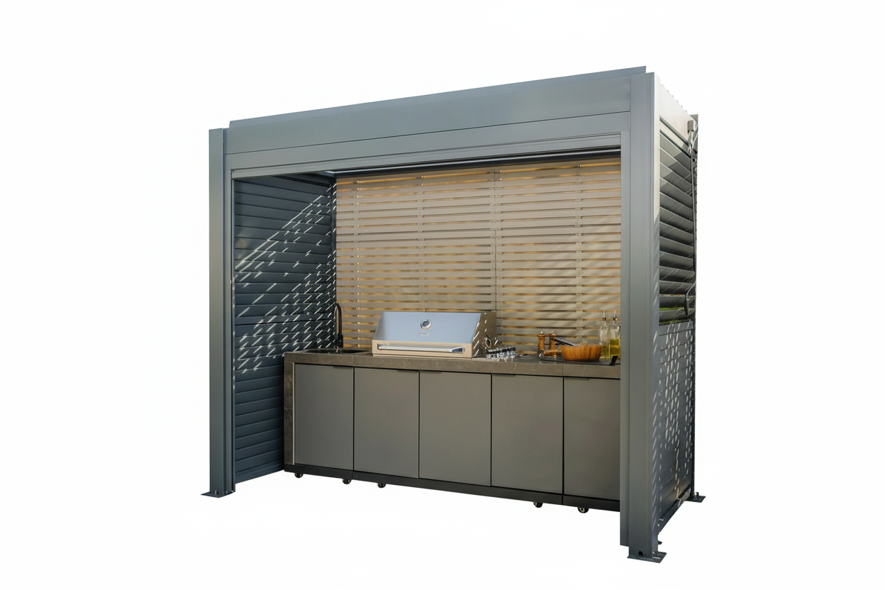 Grill King Outdoor BBQ Shelter Package – 3.1M BBQ 6 Burner Drop In BBQ Kitchen + Freestanding Aluminium Louver Roof with LED Lighting & Privacy Blind