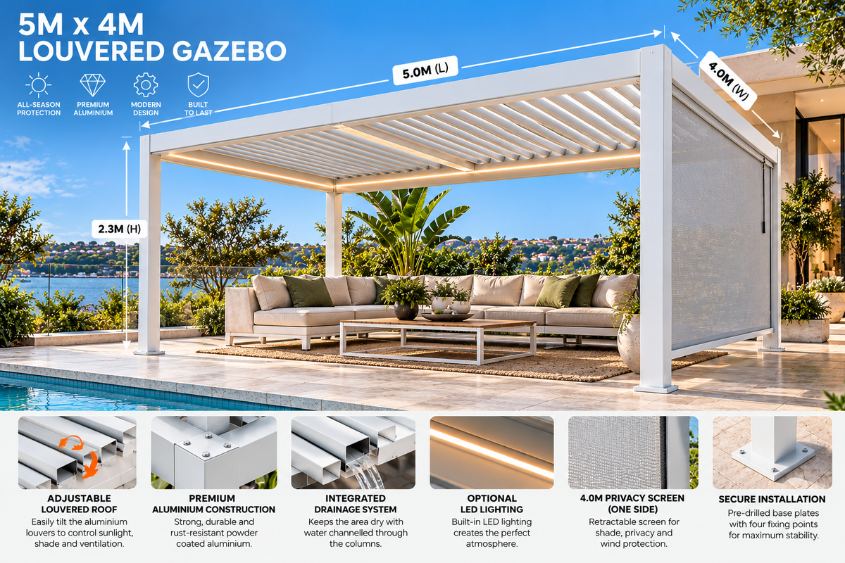 GazeboMate 4m × 5m White Aluminium Louvered Gazebo + Retractable Privacy Screen Combo