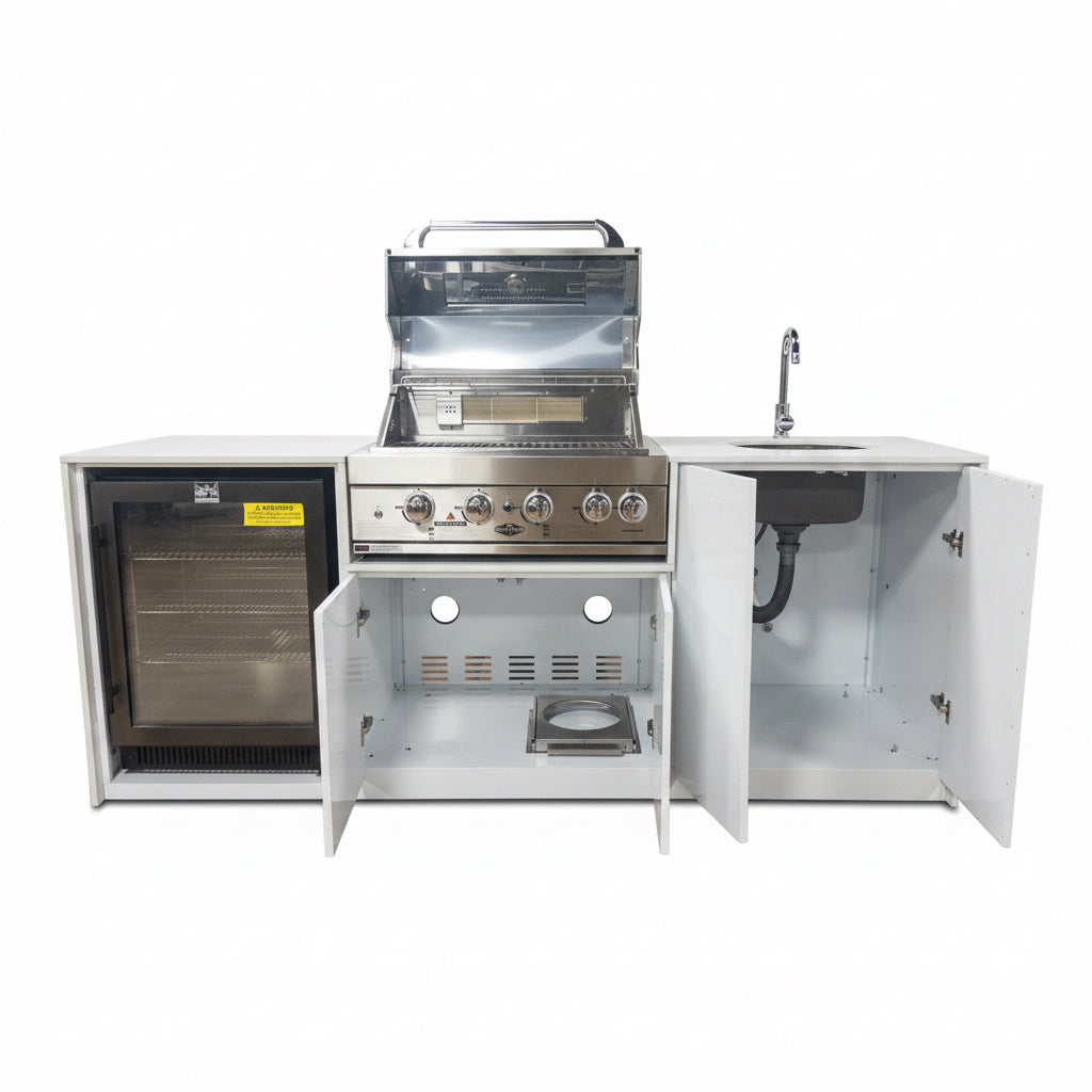 Grill King Signature Series Outdoor BBQ Kitchen Package – Rockpool White Stone Bench-Top, White Aluminium Cabinets | 4-Burner Built-In BBQ + Rotisserie + 150L Outdoor Fridge