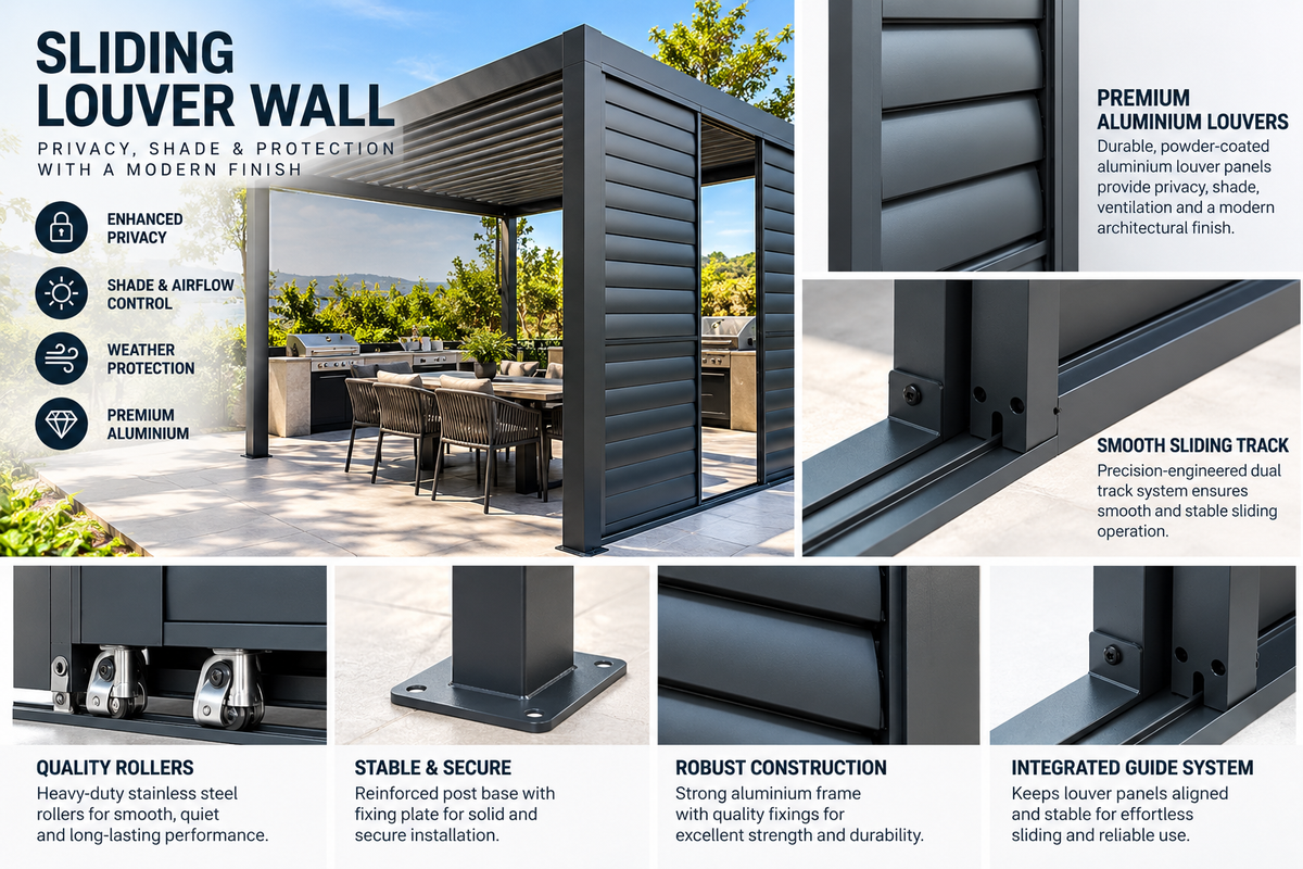GazeboMate 3m Aluminium Louvered Pergola + Sliding Shutter Wall Combo – Monument