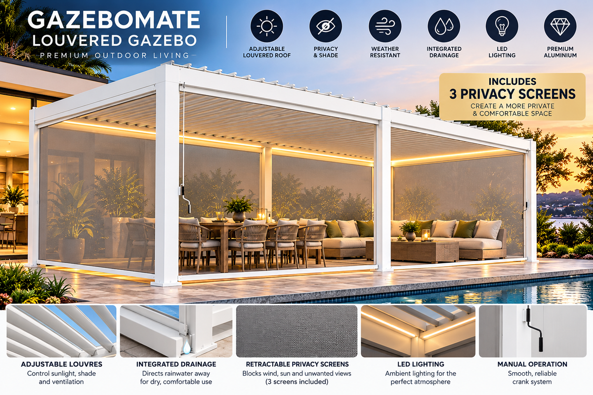GazeboMate 3m × 6m Monument Aluminium Louvered Gazebo – Adjustable Roof Pergola