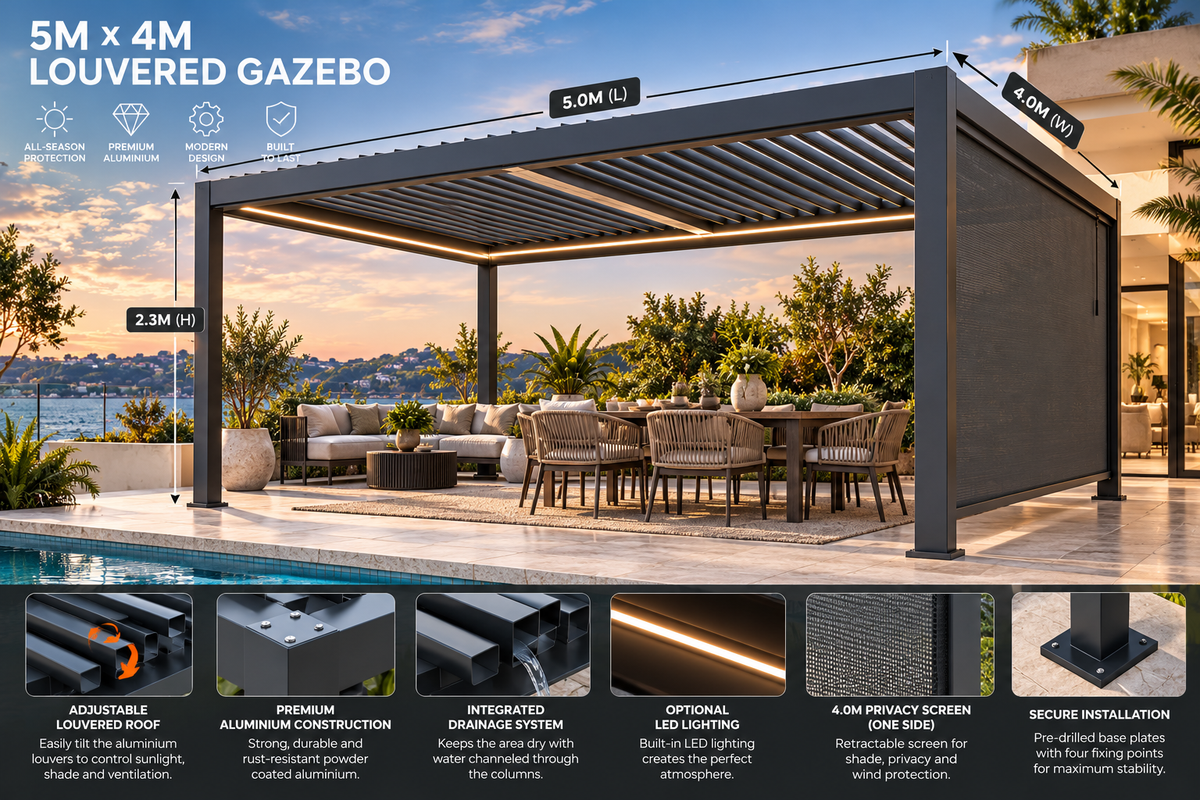 GazeboMate 4m × 5m Monument Aluminium Louvered Gazebo + Retractable Privacy Screen Combo