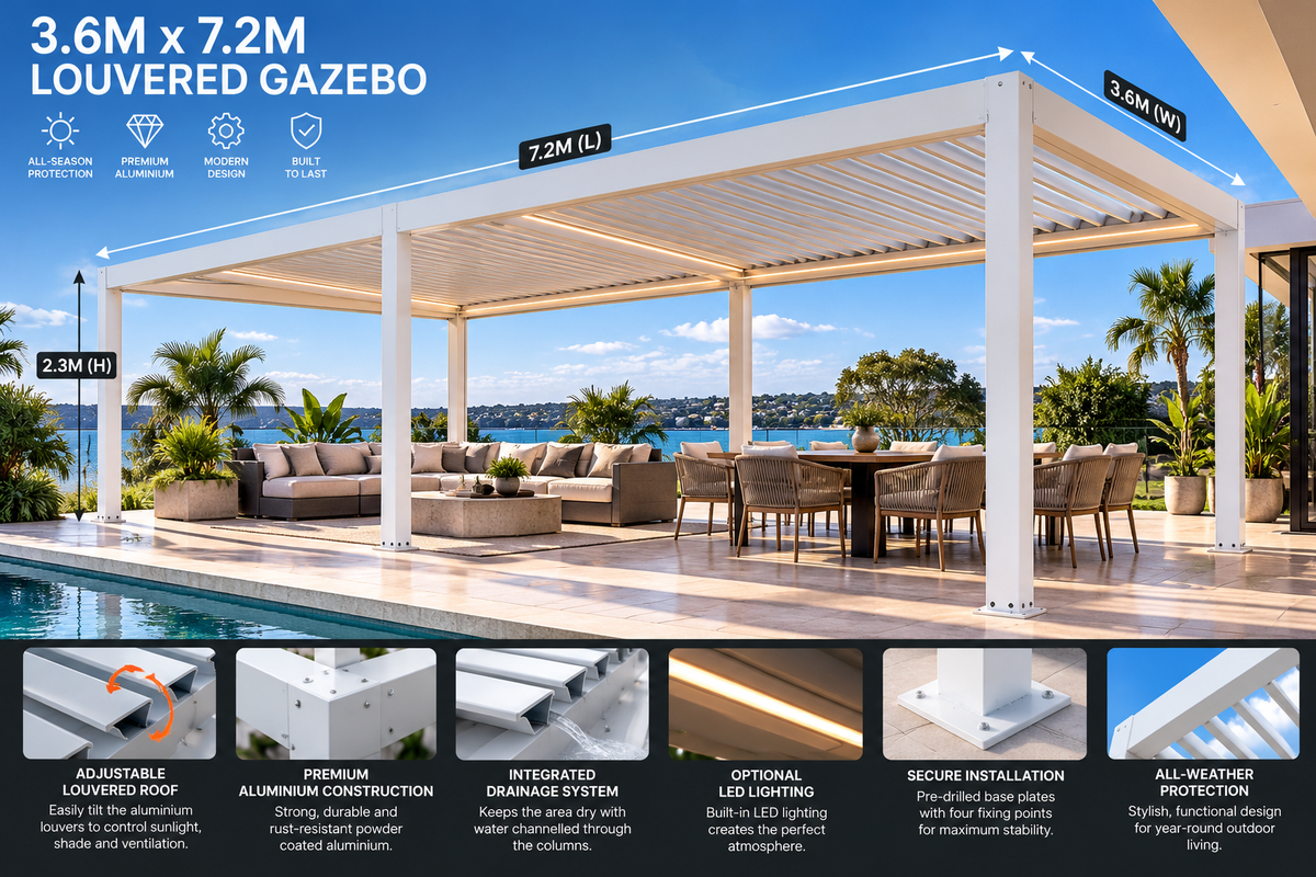 GazeboMate 3.6m × 7.2m White Aluminium Louvered Gazebo – Adjustable Roof Pergola