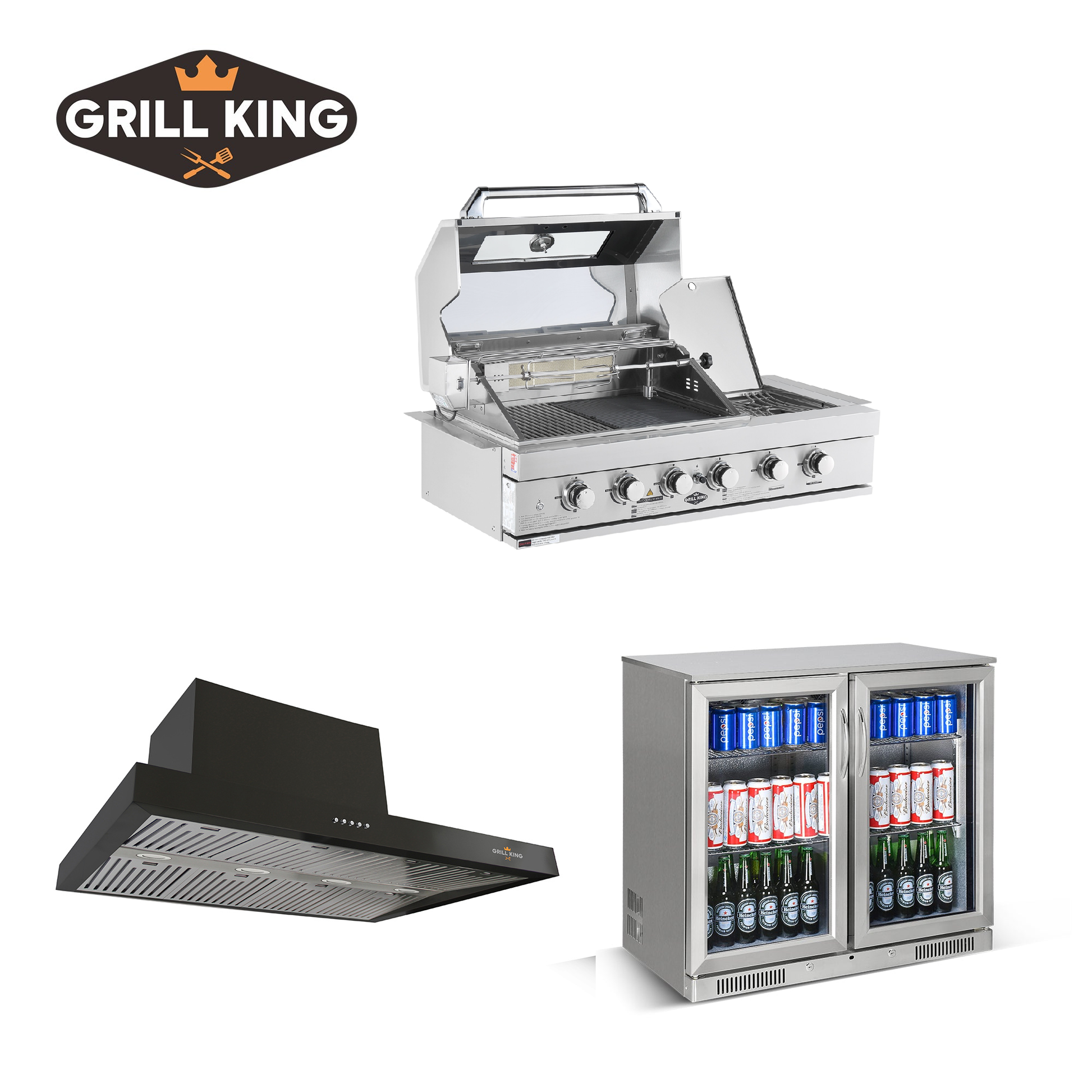 BBQ Bundle 304 SS 4 Burner BBQ, Bar Fridge King 2-Door Fridge, and the 120CM BBQ Rangehood Canopy