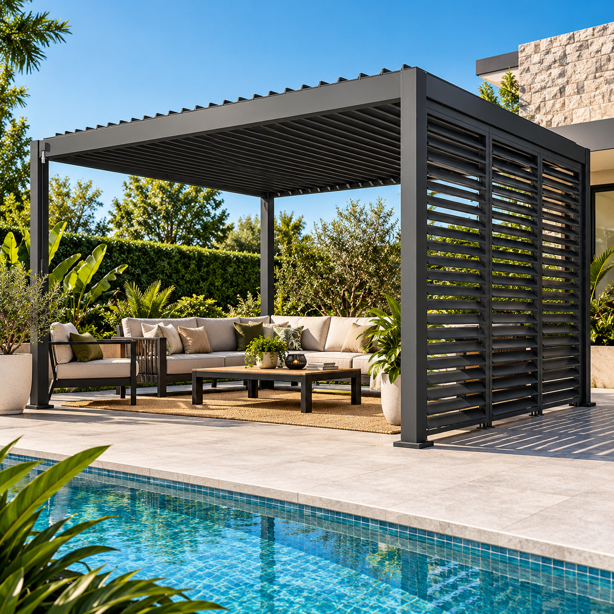 GazeboMate 3m Aluminium Louvered Pergola + Sliding Shutter Wall Combo – Monument