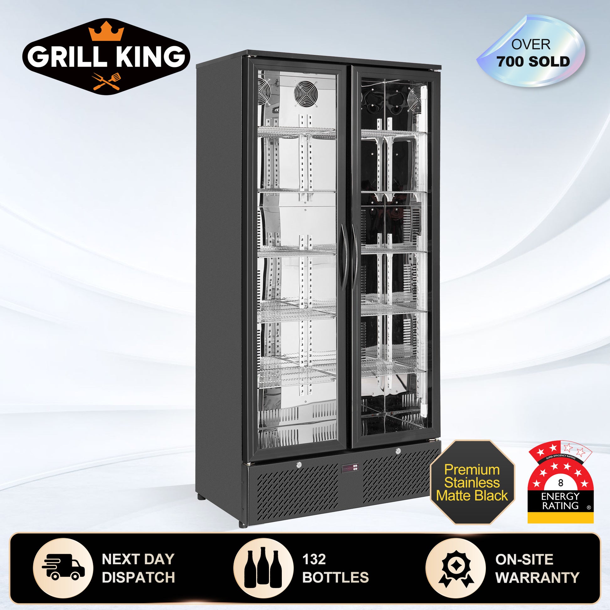 Floor Stock 458L Tropical Rated Triple Glazed Double Door Commercial 458ltr Upright Wine Bar Fridge Black