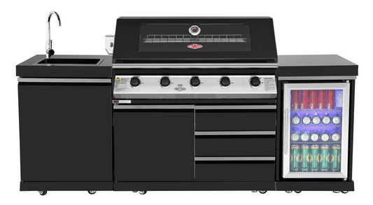 Black Stainless Steel BBQ Kitchen Suits Beef Eater 5 Burner 1200, Fridge And Sink Outdoor BBQ Kitchen Package